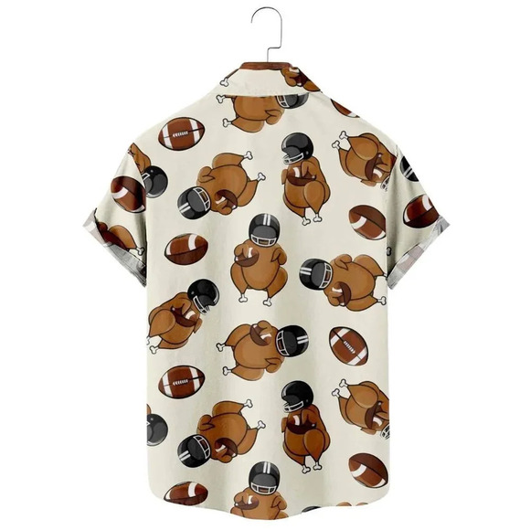 Mokaloha Men's Thanksgiving Fun Turkey Football Print Short Sleeve Button Down - Picture 2 of 7